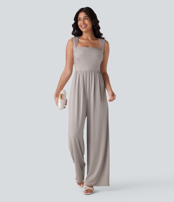 Square Neck Sleeveless Ruched Pocket Work Jumpsuit