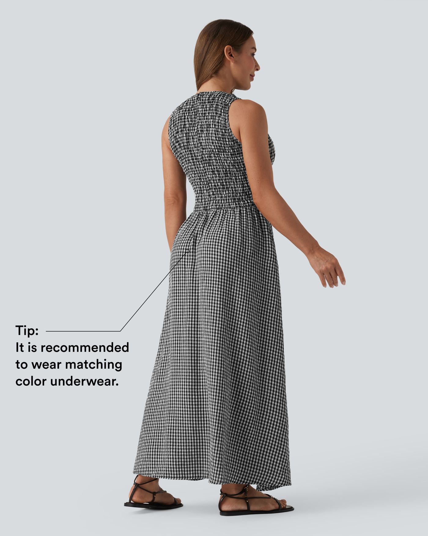 Round Neck Sleeveless Shirred Plaid Flowy Midi Casual Linen-Feel Dress with Pockets