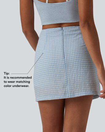 High Waisted 2-in-1 A Line Plaid Mini Casual Linen-Feel Skirt