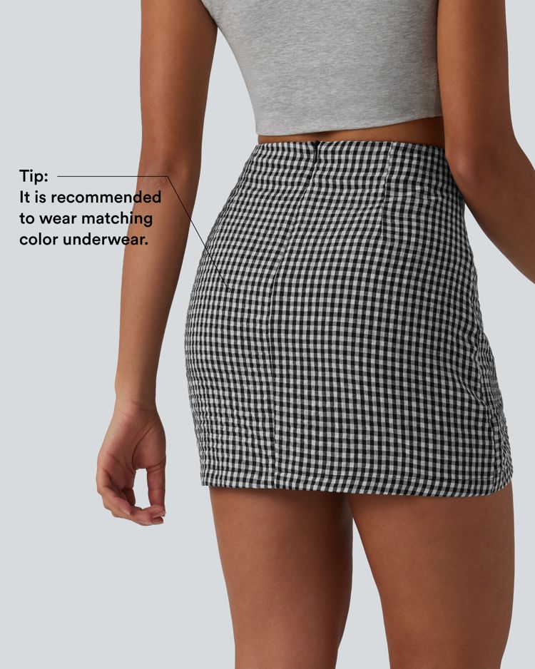 High Waisted 2-in-1 A Line Plaid Mini Casual Linen-Feel Skirt