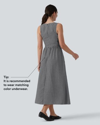 Boat Neck Sleeveless Plaid Flowy Maxi Casual Linen-Feel Dress with Pockets