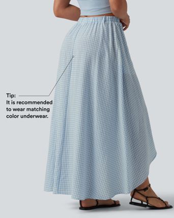 High Waisted High Low Plaid Flowy Midi Casual Linen-Feel Skirt with Pockets