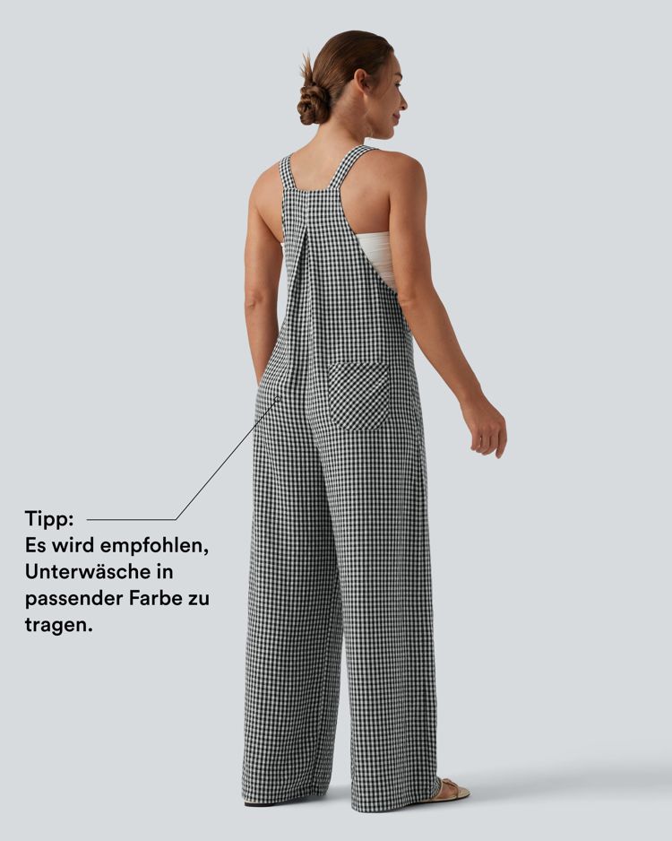 Lässige Latzhose in Leinenoptik mit mehreren Taschen und Karomuster Lässige Latzhose in Leinenoptik mit mehreren Taschen und Karomuster