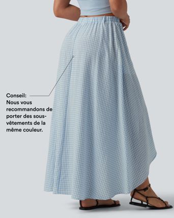 Jupe mi-longue décontractée fluide asymétrique taille haute à carreaux aspect lin avec poches Jupe mi-longue décontractée fluide asymétrique taille haute à carreaux aspect lin avec poches