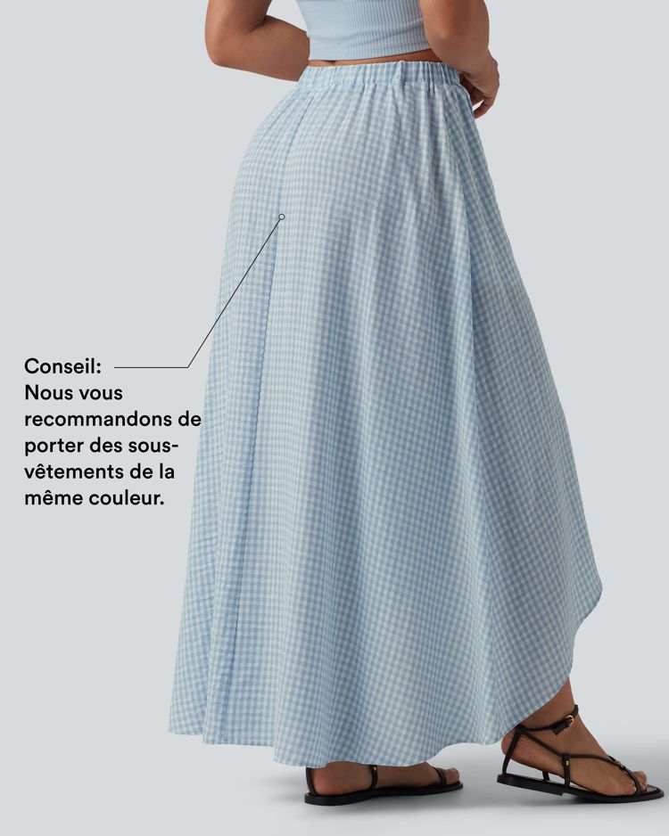 Jupe mi-longue décontractée fluide asymétrique taille haute à carreaux aspect lin avec poches Jupe mi-longue décontractée fluide asymétrique taille haute à carreaux aspect lin avec poches