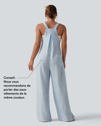 Casual linen-look plaid dungarees with pockets