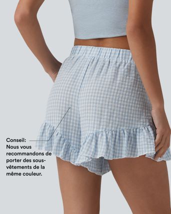Short resort à volants en vichy aspect lin taille mi-haute avec nœud frontal et poches Short resort à volants en vichy aspect lin taille mi-haute avec nœud frontal et poches