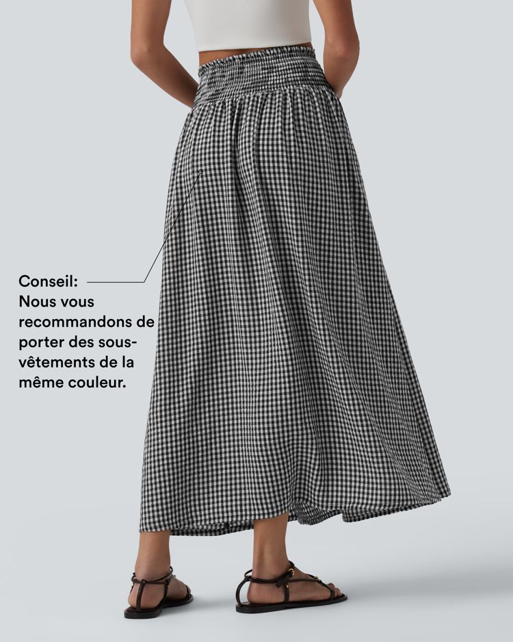 Jupe mi-longue fluide taille haute à carreaux avec poches