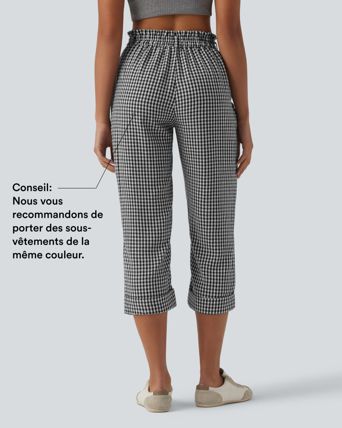 Pantalon 7/8 décontracté aspect lin à carreaux taille haute avec poches