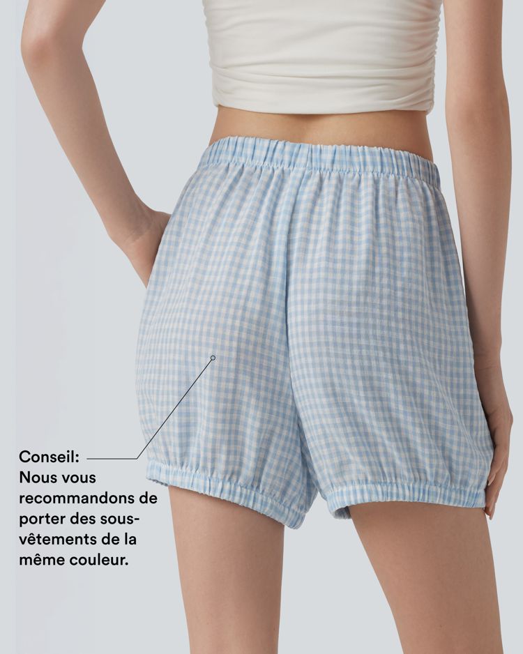 Short décontracté aspect lin à carreaux taille mi-haute avec poches