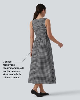 Robe longue fluide casual aspect lin col bateau sans manches à carreaux avec poches Robe longue fluide casual aspect lin col bateau sans manches à carreaux avec poches