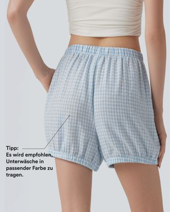 Lässige Shorts in Leinenoptik mit mittelhohem Bund, Seitentaschen und Karomuster