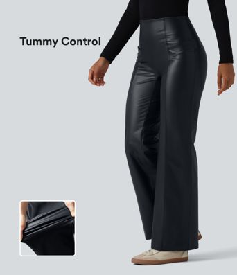 Pantalon casual évasé gainant taille haute en simili cuir extensible avec poches