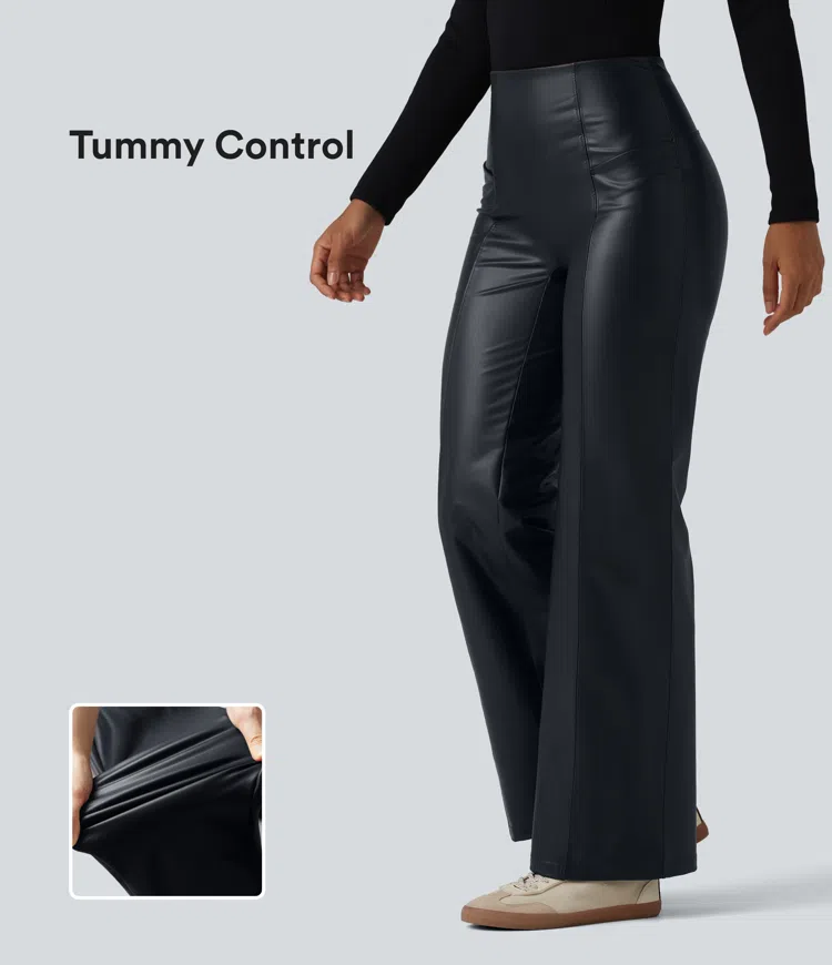 High Waisted Tummy Control Stretchy PU Casual Flare Pants with Pockets