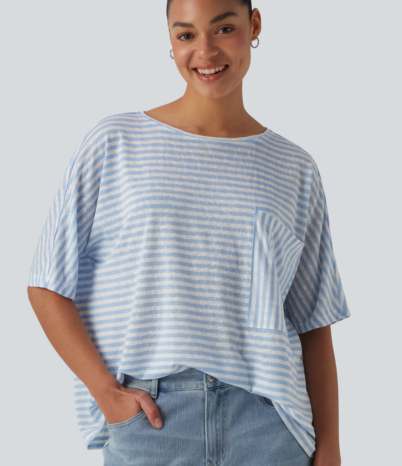 Round Neck Batwing Sleeve Stripes Lyocell Casual T-Shirt with Chest Pocket
