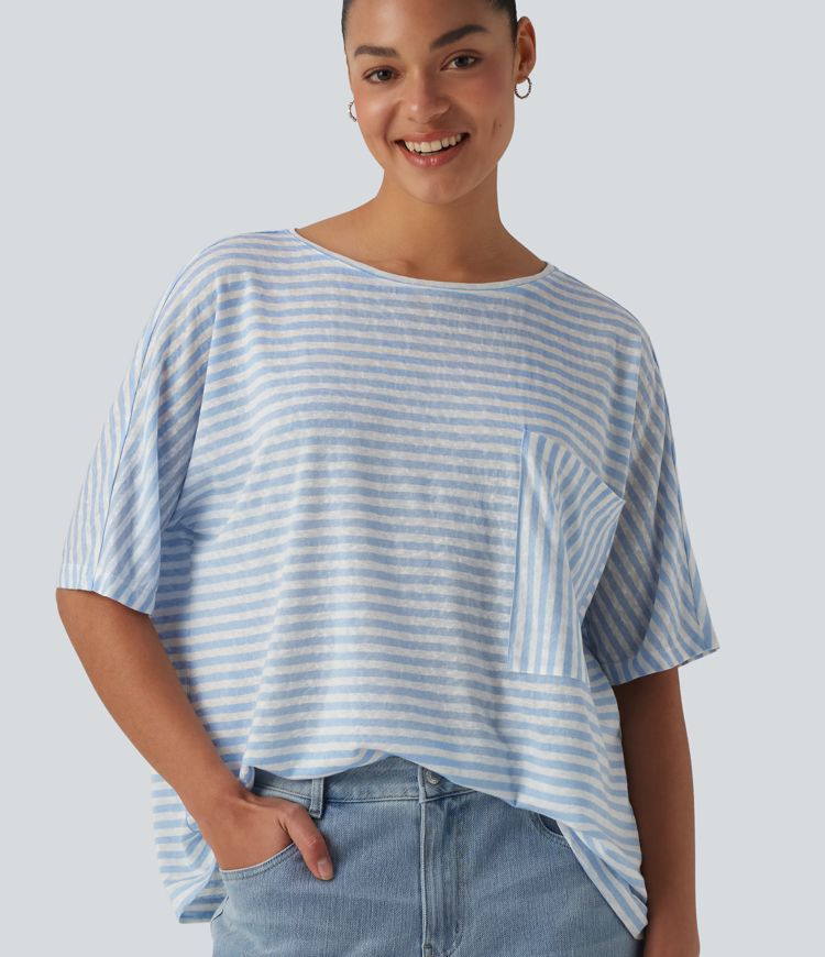 Round Neck Batwing Sleeve Stripes Lyocell Casual T-Shirt with Chest Pocket
