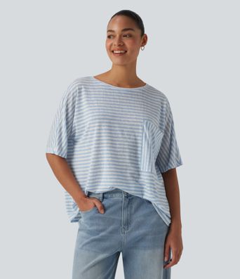 Round Neck Batwing Sleeve Stripes Lyocell Casual T-Shirt with Chest Pocket