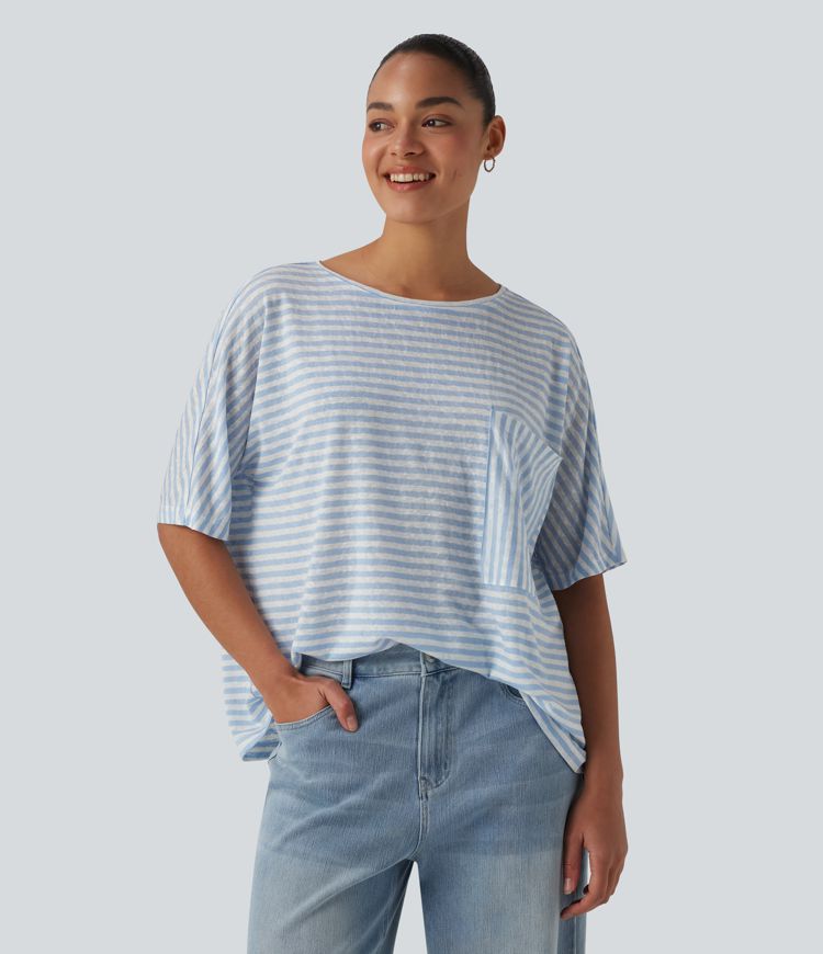 Round Neck Batwing Sleeve Stripes Lyocell Casual T-Shirt with Chest Pocket