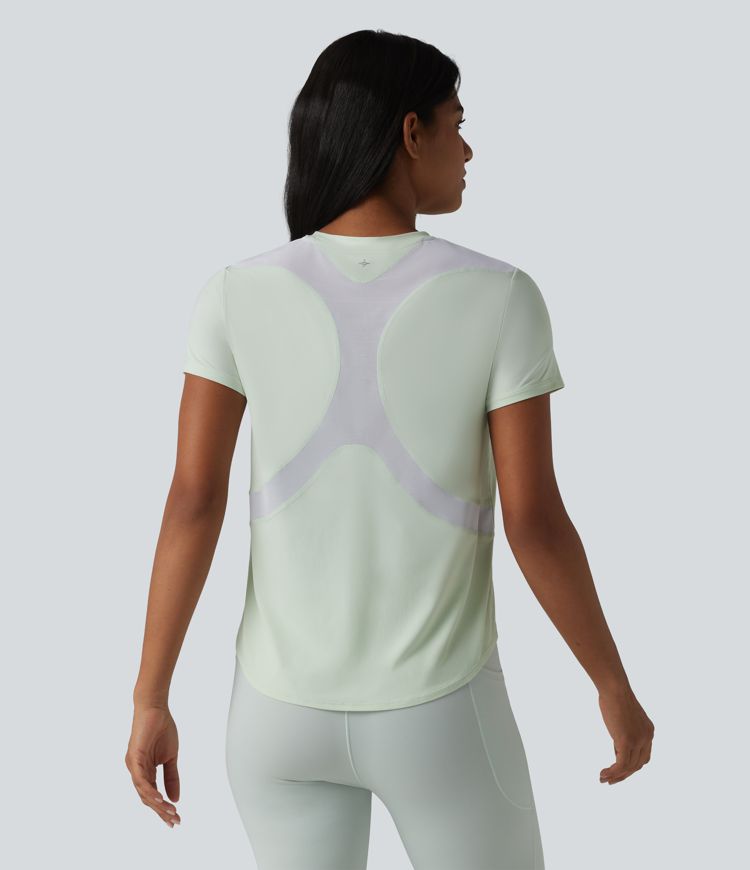 Crew Neck Short Sleeve Contrast Mesh Running Sports Top