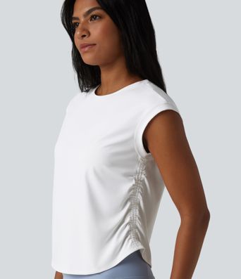 SoftlyZero™ - Gerafftes Yoga-Sport-Top mit Rundhalsausschnitt, kurzen Flügelärmeln und abgerundetem Saum