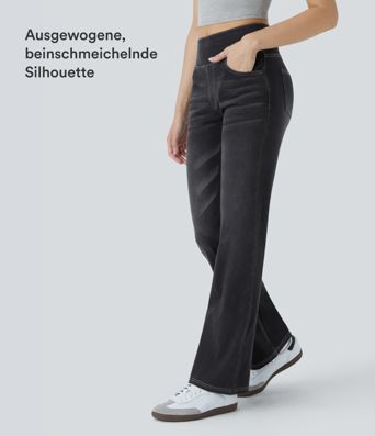 Halara Flex™ Verwaschene Bootcut-Jeans aus elastischem Strick-Denim mit hohem Bund und mehrere Taschen Halara Flex™ Verwaschene Bootcut-Jeans aus elastischem Strick-Denim mit hohem Bund und mehrere Taschen