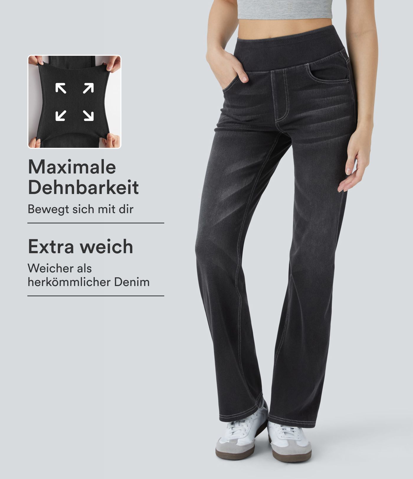 Halara Flex™ Verwaschene Bootcut-Jeans aus elastischem Strick-Denim mit hohem Bund und mehrere Taschen Halara Flex™ Verwaschene Bootcut-Jeans aus elastischem Strick-Denim mit hohem Bund und mehrere Taschen
