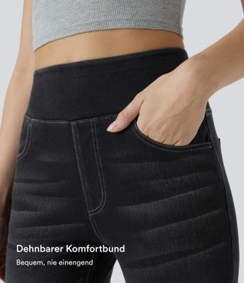 Halara Flex™ Verwaschene Bootcut-Jeans aus elastischem Strick-Denim mit hohem Bund und mehrere Taschen Halara Flex™ Verwaschene Bootcut-Jeans aus elastischem Strick-Denim mit hohem Bund und mehrere Taschen