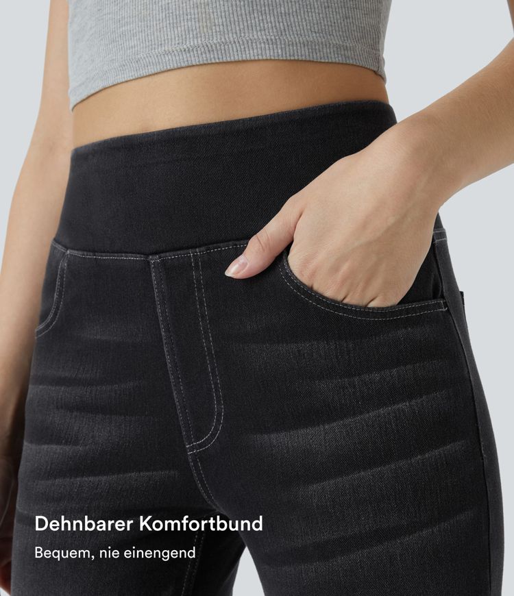 Halara Flex™ Verwaschene Bootcut-Jeans aus elastischem Strick-Denim mit hohem Bund und mehrere Taschen Halara Flex™ Verwaschene Bootcut-Jeans aus elastischem Strick-Denim mit hohem Bund und mehrere Taschen