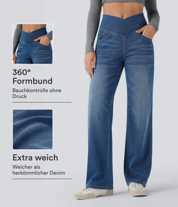 Halara Flex™ - Lässige Jeans mit hohem Crossover-Bund, Seitentaschen, Bauchkontrolle und geradem Bein