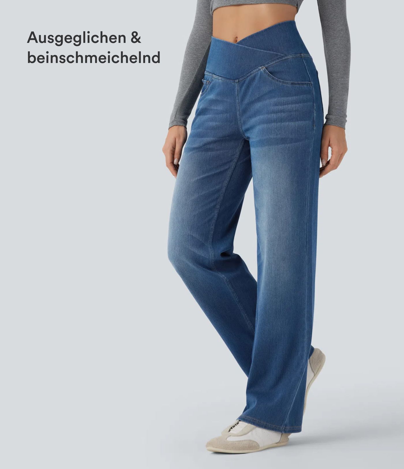 Halara Flex™ - Lässige Jeans mit hohem Crossover-Bund, Seitentaschen, Bauchkontrolle und geradem Bein