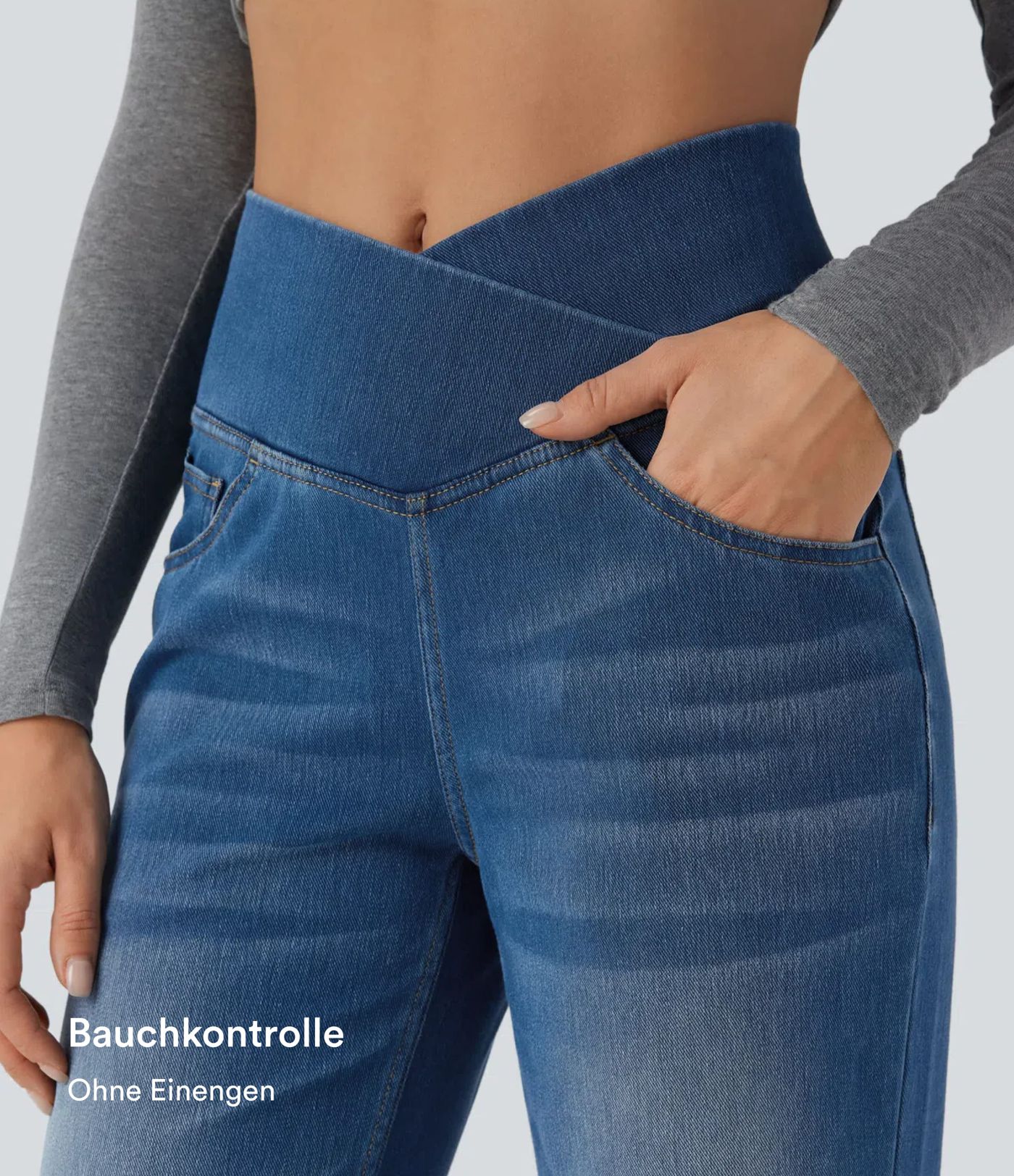 Halara Flex™ - Lässige Jeans mit hohem Crossover-Bund, Seitentaschen, Bauchkontrolle und geradem Bein