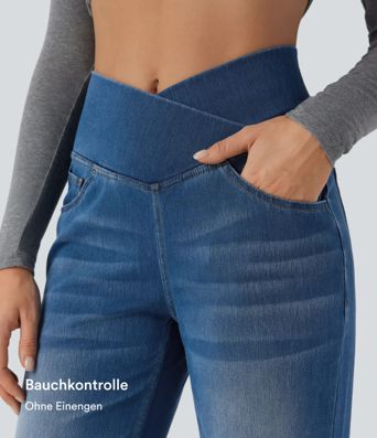 Halara Flex™ - Lässige Jeans mit hohem Crossover-Bund, Seitentaschen, Bauchkontrolle und geradem Bein