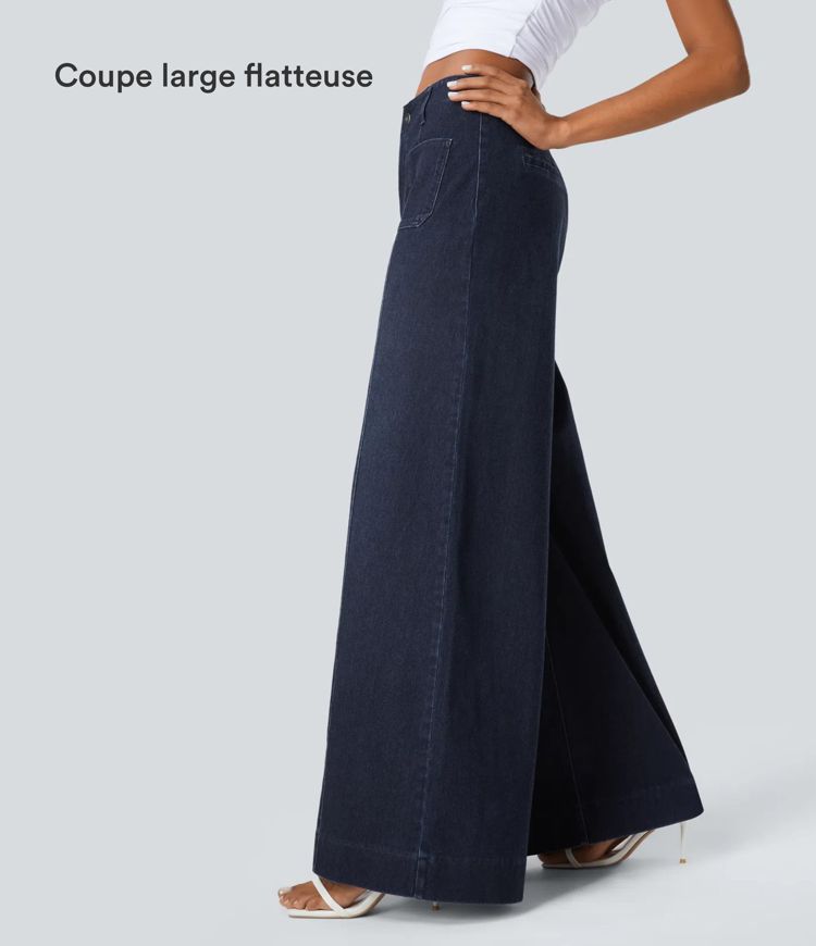 Jeans casuales de pierna ancha Halara Flex™ con bolsillos de cintura alta lavados