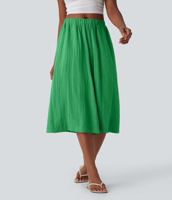 Mid Rise Wide Leg Flowy Linen-Feel Pants with Pocket