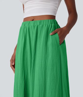 Mid Rise Wide Leg Flowy Linen-Feel Pants with Pocket