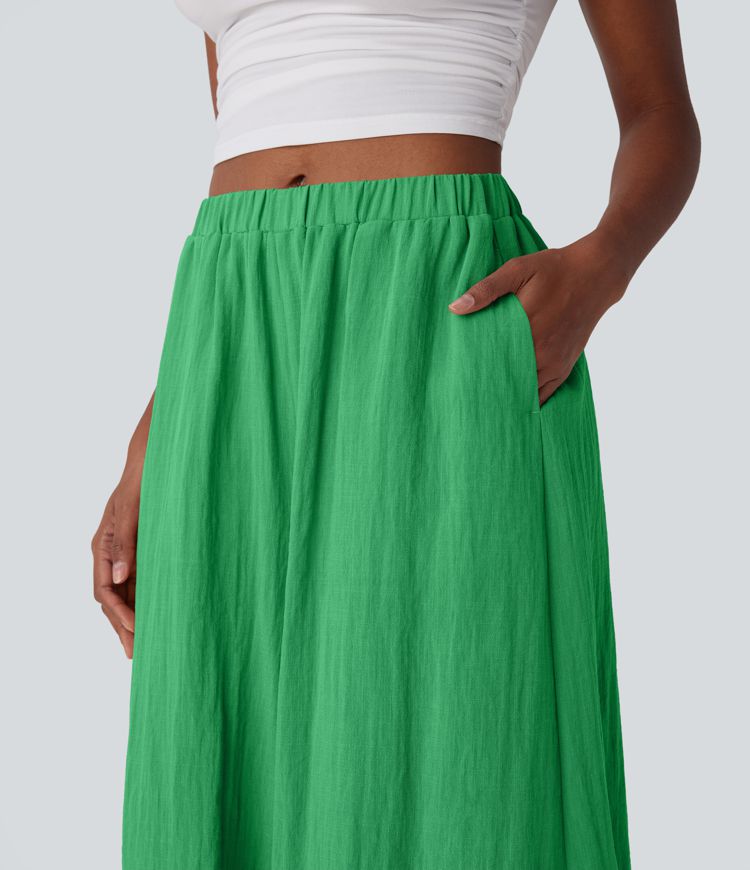 Mid Rise Wide Leg Flowy Linen-Feel Pants with Pocket