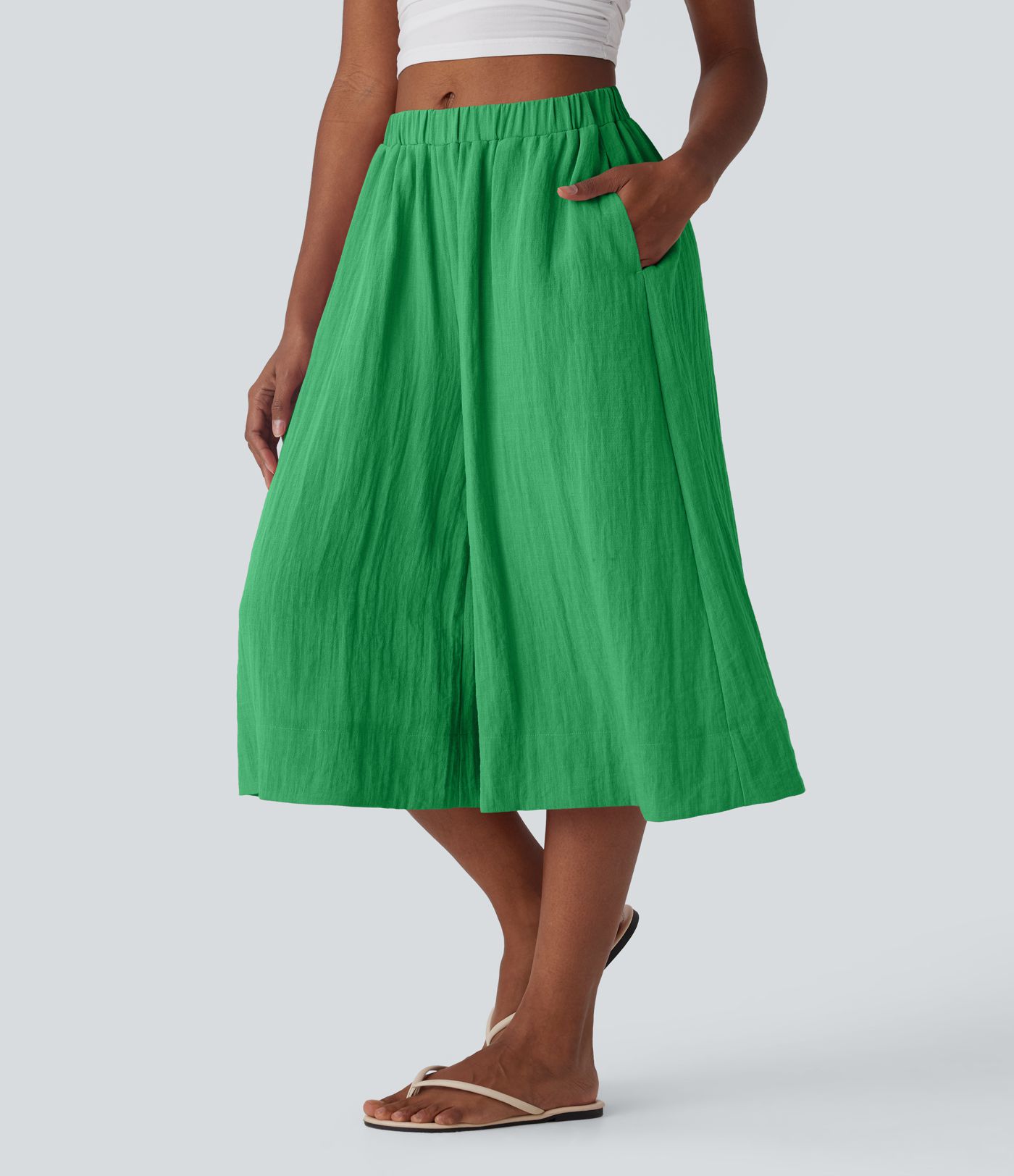 Mid Rise Wide Leg Flowy Linen-Feel Pants with Pocket
