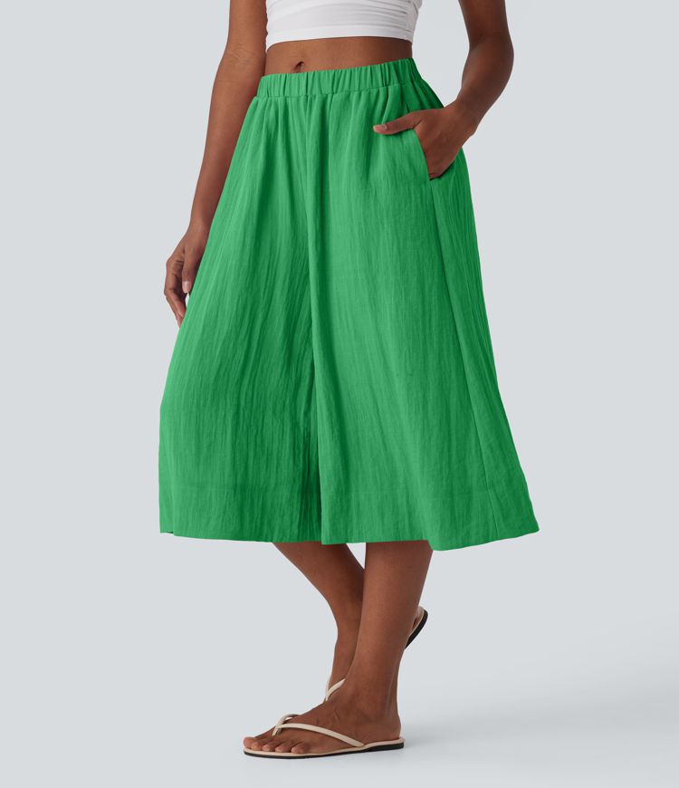 Mid Rise Wide Leg Flowy Linen-Feel Pants with Pocket