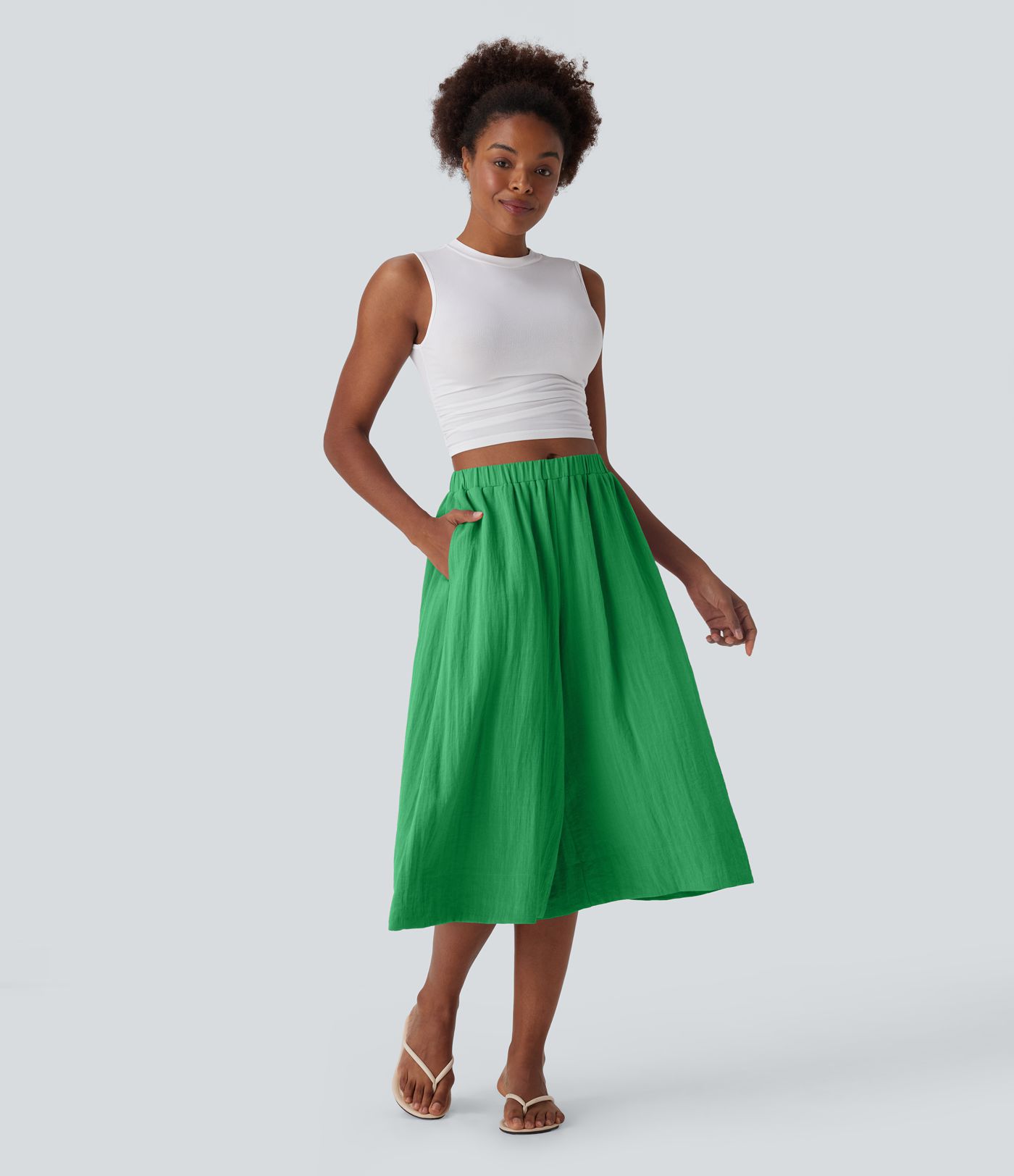 Mid Rise Wide Leg Flowy Linen-Feel Pants with Pocket