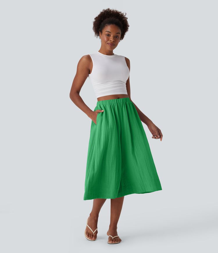Mid Rise Wide Leg Flowy Linen-Feel Pants with Pocket