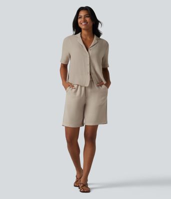 Lässiges Hemd aus Lyocell-Leinen-Mischgewebe mit Kragen und kurzen Ärmeln