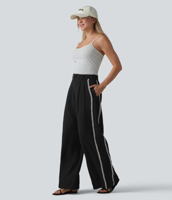 High Waisted Wide Leg Color Block Casual Linen-Feel Trousers with Pockets High Waisted Wide Leg Color Block Casual Linen-Feel Trousers with Pockets