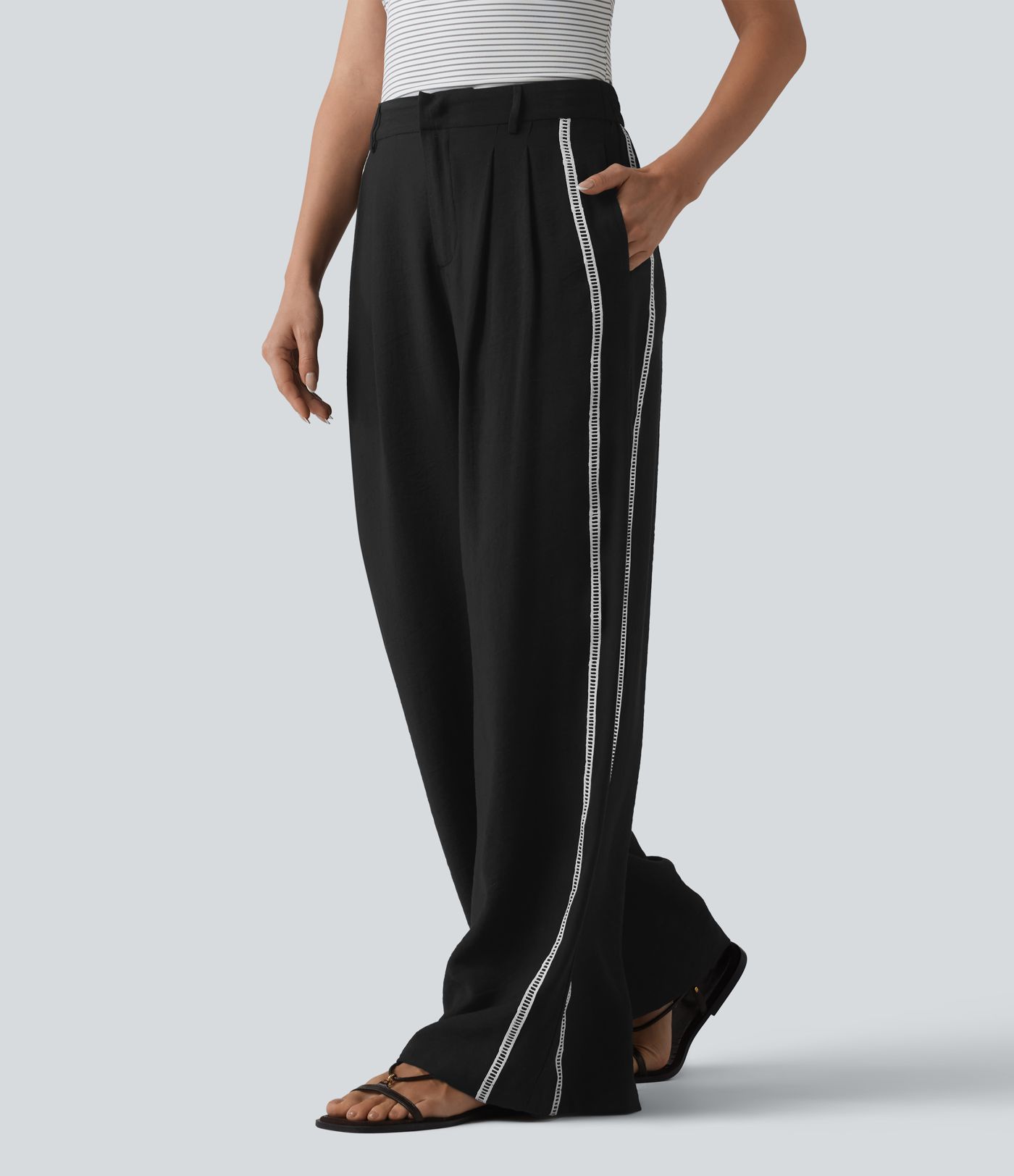 High Waisted Wide Leg Color Block Casual Linen-Feel Trousers with Pockets High Waisted Wide Leg Color Block Casual Linen-Feel Trousers with Pockets