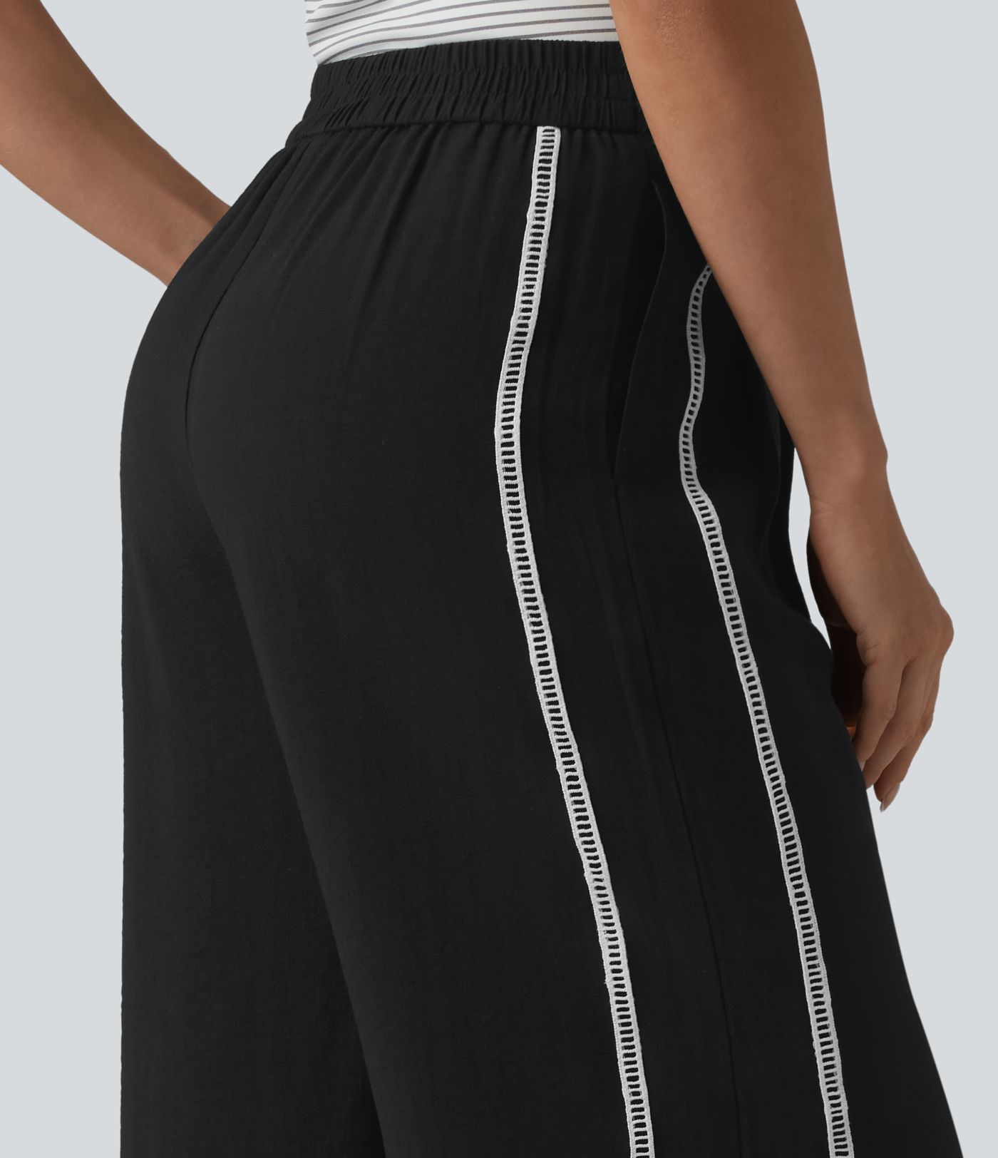 High Waisted Wide Leg Color Block Casual Linen-Feel Trousers with Pockets High Waisted Wide Leg Color Block Casual Linen-Feel Trousers with Pockets
