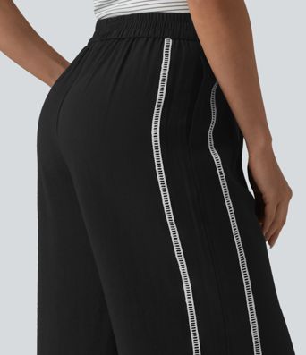 High Waisted Wide Leg Color Block Casual Linen-Feel Trousers with Pockets High Waisted Wide Leg Color Block Casual Linen-Feel Trousers with Pockets