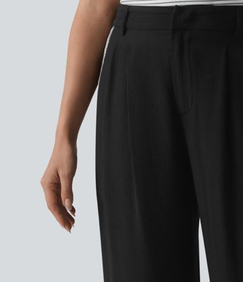 High Waisted Wide Leg Color Block Casual Linen-Feel Trousers with Pockets High Waisted Wide Leg Color Block Casual Linen-Feel Trousers with Pockets