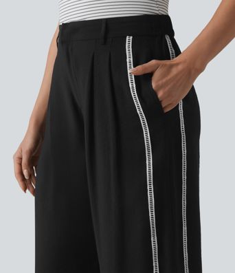 High Waisted Wide Leg Color Block Casual Linen-Feel Trousers with Pockets High Waisted Wide Leg Color Block Casual Linen-Feel Trousers with Pockets