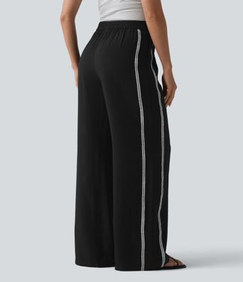 High Waisted Wide Leg Color Block Casual Linen-Feel Trousers with Pockets High Waisted Wide Leg Color Block Casual Linen-Feel Trousers with Pockets