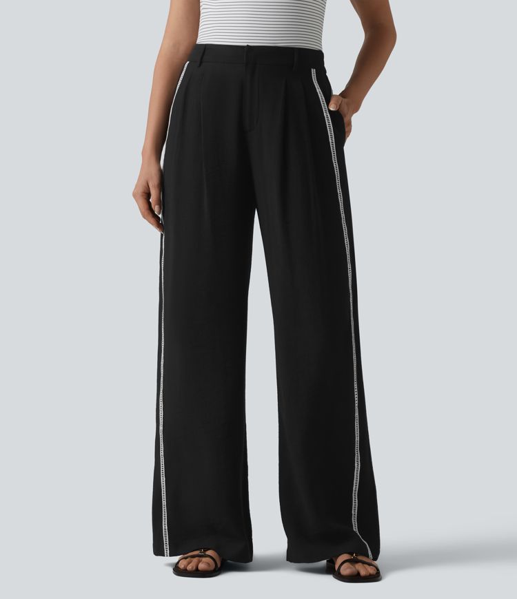 High Waisted Wide Leg Color Block Casual Linen-Feel Trousers with Pockets High Waisted Wide Leg Color Block Casual Linen-Feel Trousers with Pockets