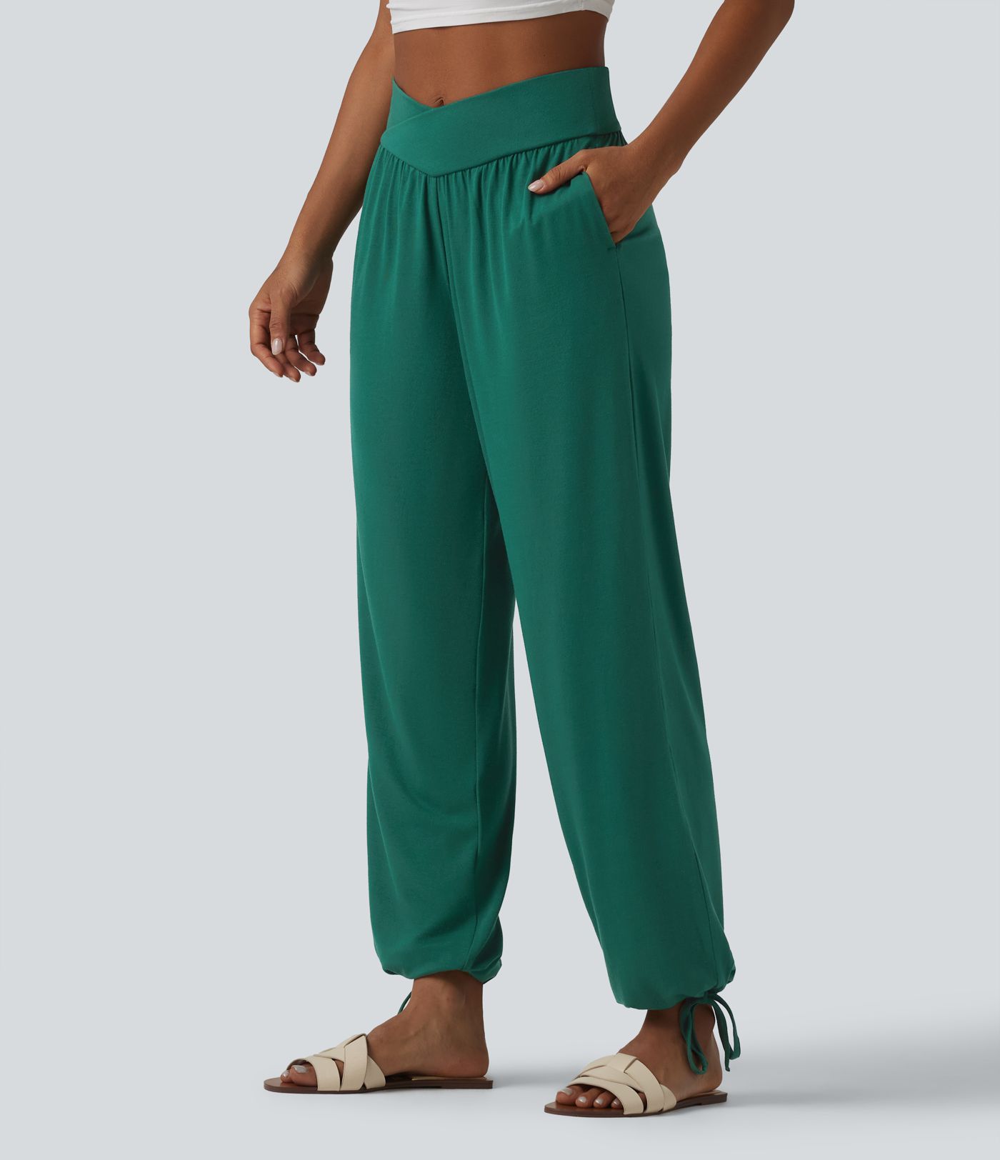 Jogging décontracté uni taille haute croisée avec cordon de serrage et poches Jogging décontracté uni taille haute croisée avec cordon de serrage et poches